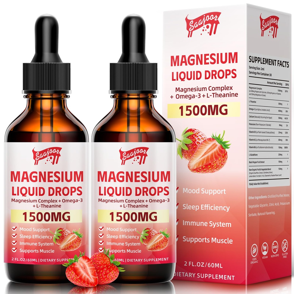 2 Pack Magnesium Glycinate Liquid Drops, 1500mg Magnesium Liquid Supplement met vitamine B6, D3, L - Theanine, Omega3,Ondersteuning Nacht, Spier, Bot, Mood, Aardbei Flavor - 4 Fl Oz (120ml) Fles