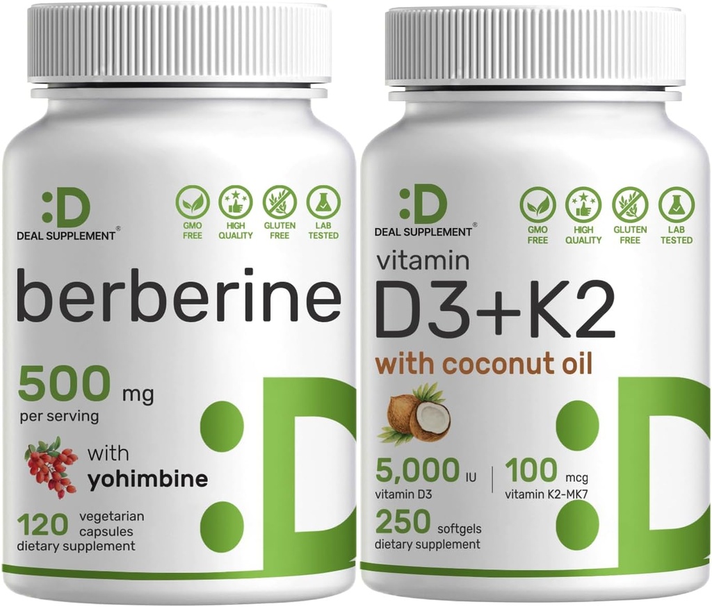 DEAL APPARAAT Vitamine D3 5000iu + K2 100mcg Softgels & Berberine Supplement met Yohimbine Bundle 