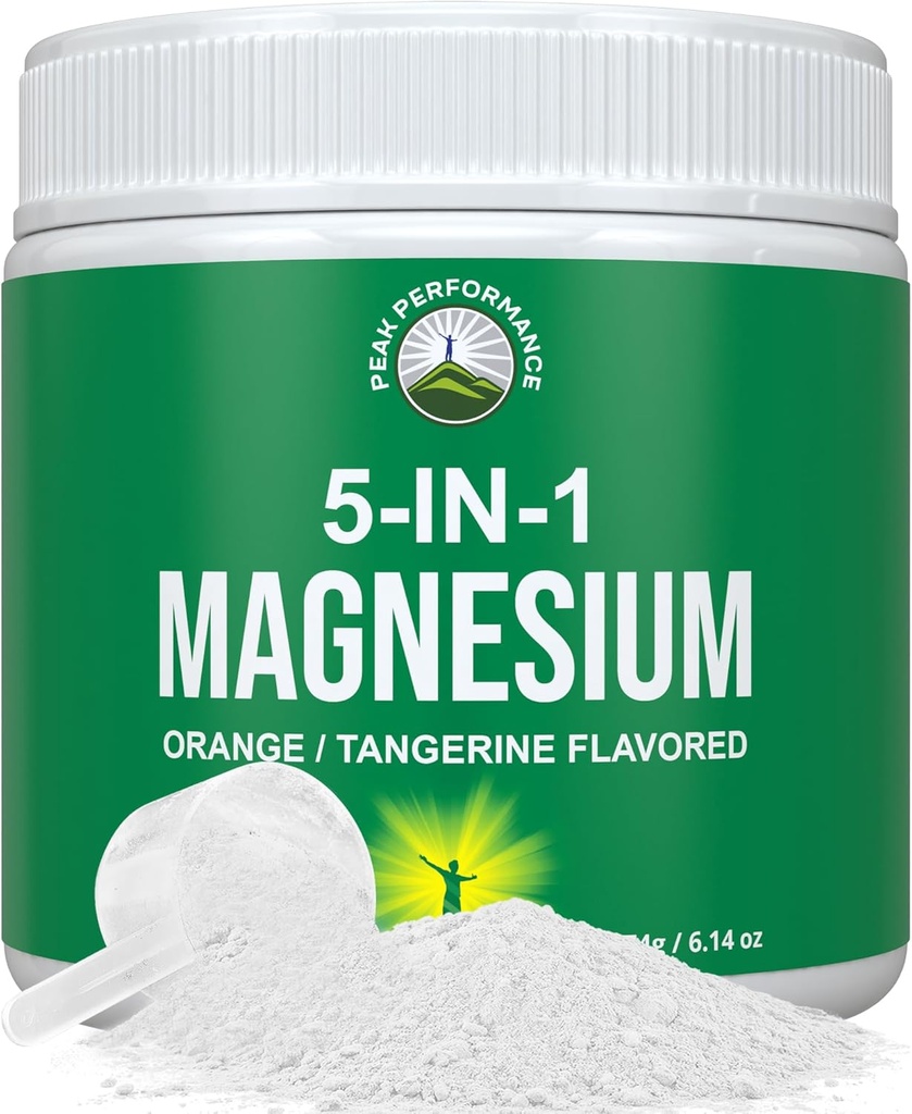 5-in-1 Magnesiumpoeder Drank voor vrouwen en mannen. Magnesium Glycinate + Citrate + Malate + Chelate + Taurate. Grote Proeverij Veganistisch supplement voor spierontspanning, slaap, krampen. Oranje smaak