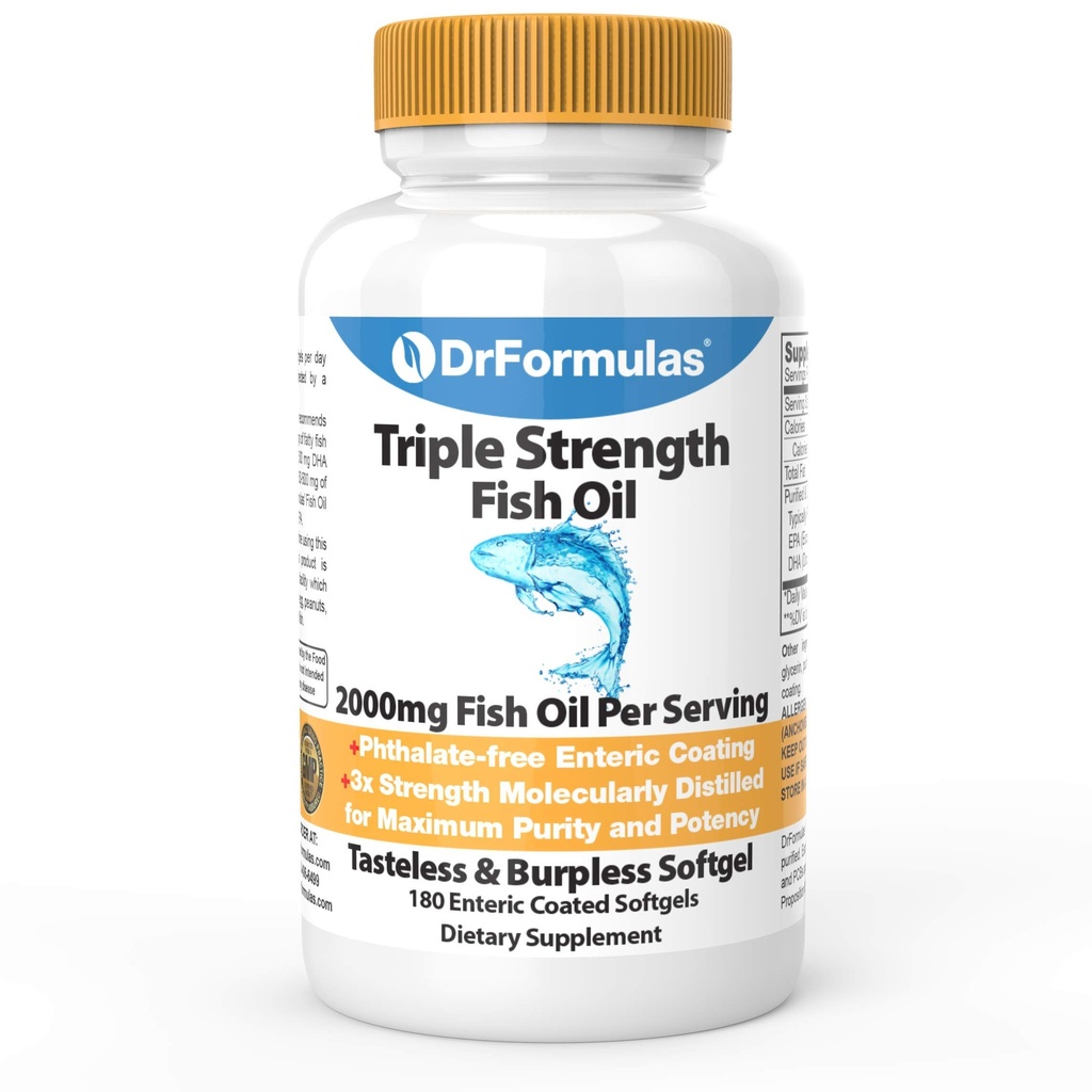 DrFormulas 2000mg Triple Strength Omega 3 Fish Oil met EPA en DHA, 180 Burpless Softgels