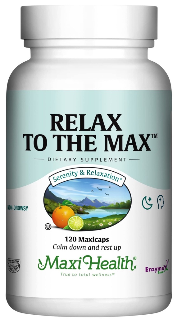 Maxi Health - Relax to the Max Stress Relief Formula (120 Count) Capsules de soulagement de l'humeur avec vitamine C, calcium, L-Theanine, L-Taurine & Amino Acides - Tous les suppléments naturels de calmant et de relaxation