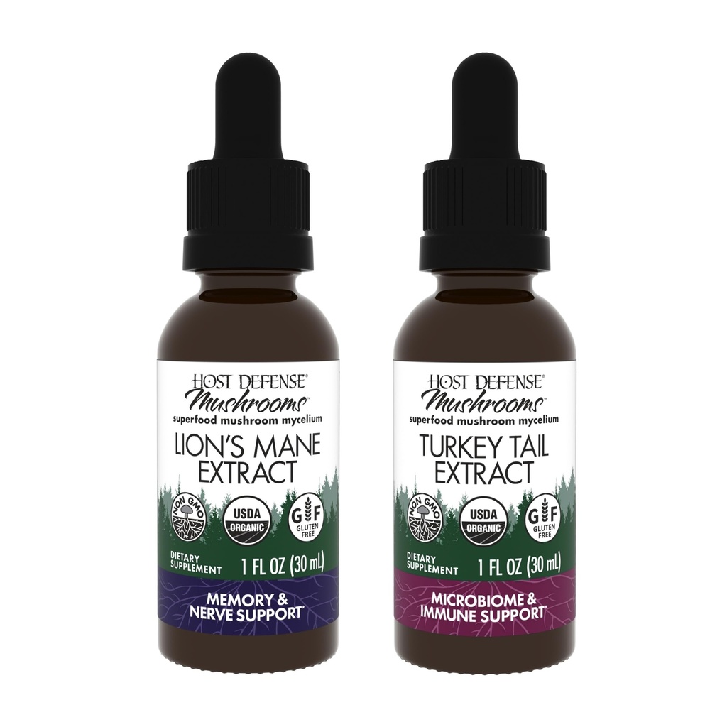 Host Defense Bundle with Lion's Mane Extract, 1 fl oz & Turkey Tail Extract, 1 fl oz - Support Brain Health, Memory & Focus - Support Digestive Health & Immune Response