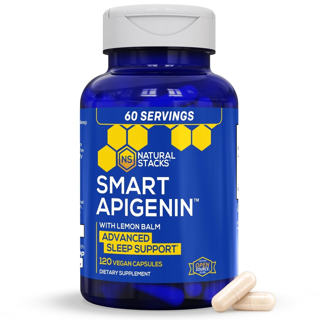 NATUURLIJKE STAKKEN Apigenine supplement voor slaap - 50mg Apigenin & 600mg citroenbalsem - Melatonine gratis slaaphulp - met passiebloemextract voor stressondersteuning* - 120 citroenbalsemcapsules