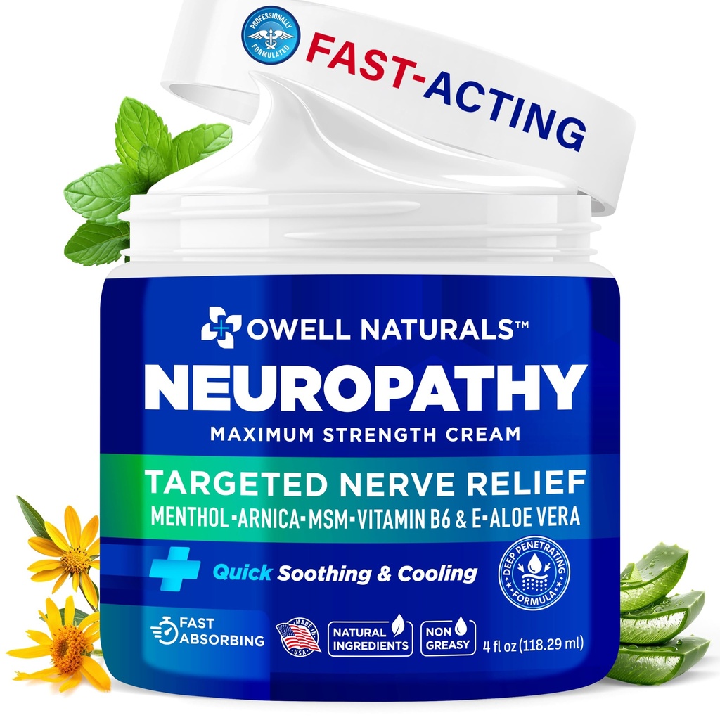OWELL NATURALS Neuropathy Cream Extra Strength Nerve Relief Cream pour pied, mains, jambes, orteils avec Arnica, vitamine B6, Aloe Vera, MSM - Fabriqué aux États-Unis