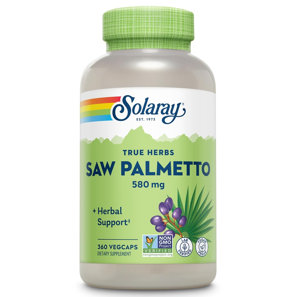 SOLARAY Saw Palmetto Bessen 580 mg - Prostaatsupplementen voor mannen - Prostaat Gezondheid, Urinaire Tract Ondersteuning, Hair Health, W/Fatty Acids en Plant Sterols, Vegan, 60-dagen garantie, 360 VegCaps
