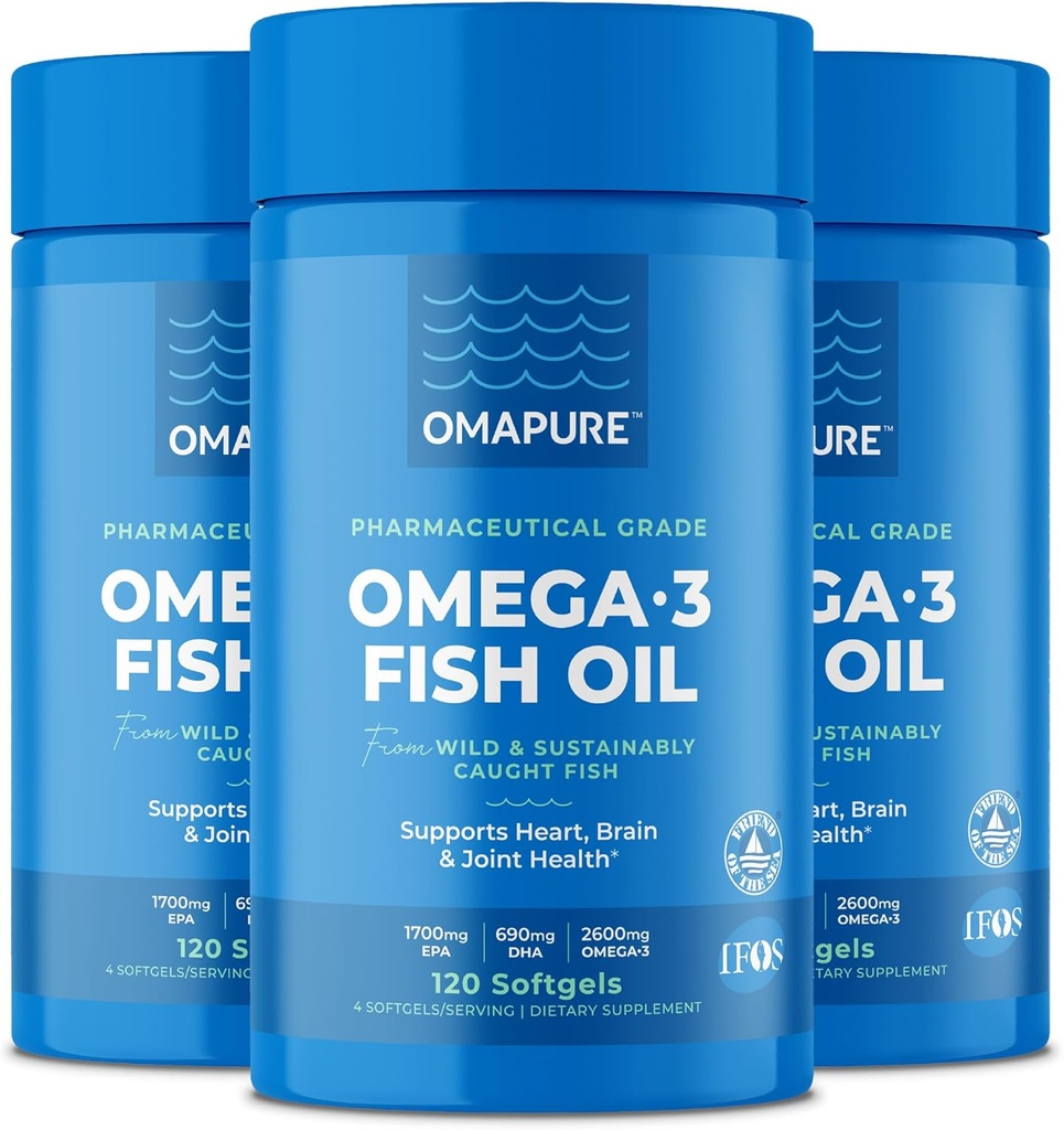 OMAPURE Visoliesupplementen met Omega 3 vetzuren (3 flessen, 120 softgels) - Hoge EPA, DHA, & IFOS Visolie Pillen ondersteunen Hart & Joint Health - Burpless Fish Oil bevordert hersenfunctie
