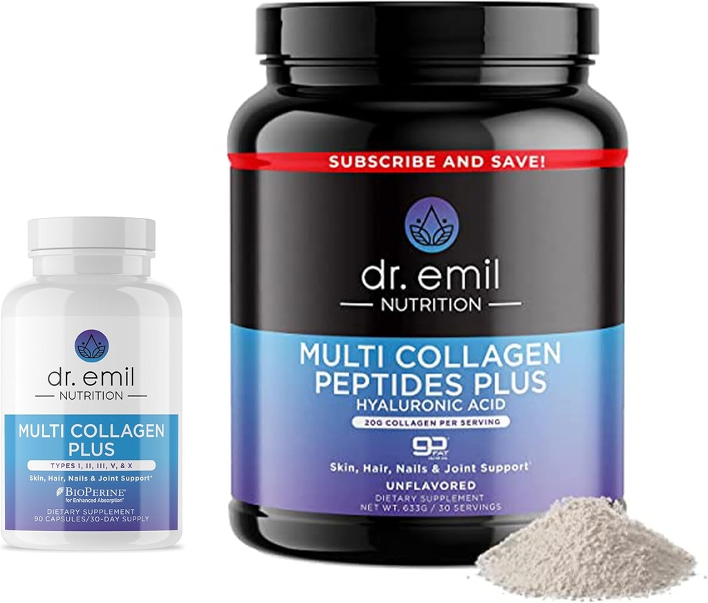 DR. EMIL NUTRITION Complete Multi Collageen Bundle - Double The Collageen & Double The Hair, Skin & Nails Voordelen - Collageen Peptide Pillen & Collageen Powder Bundle (30 Servers)