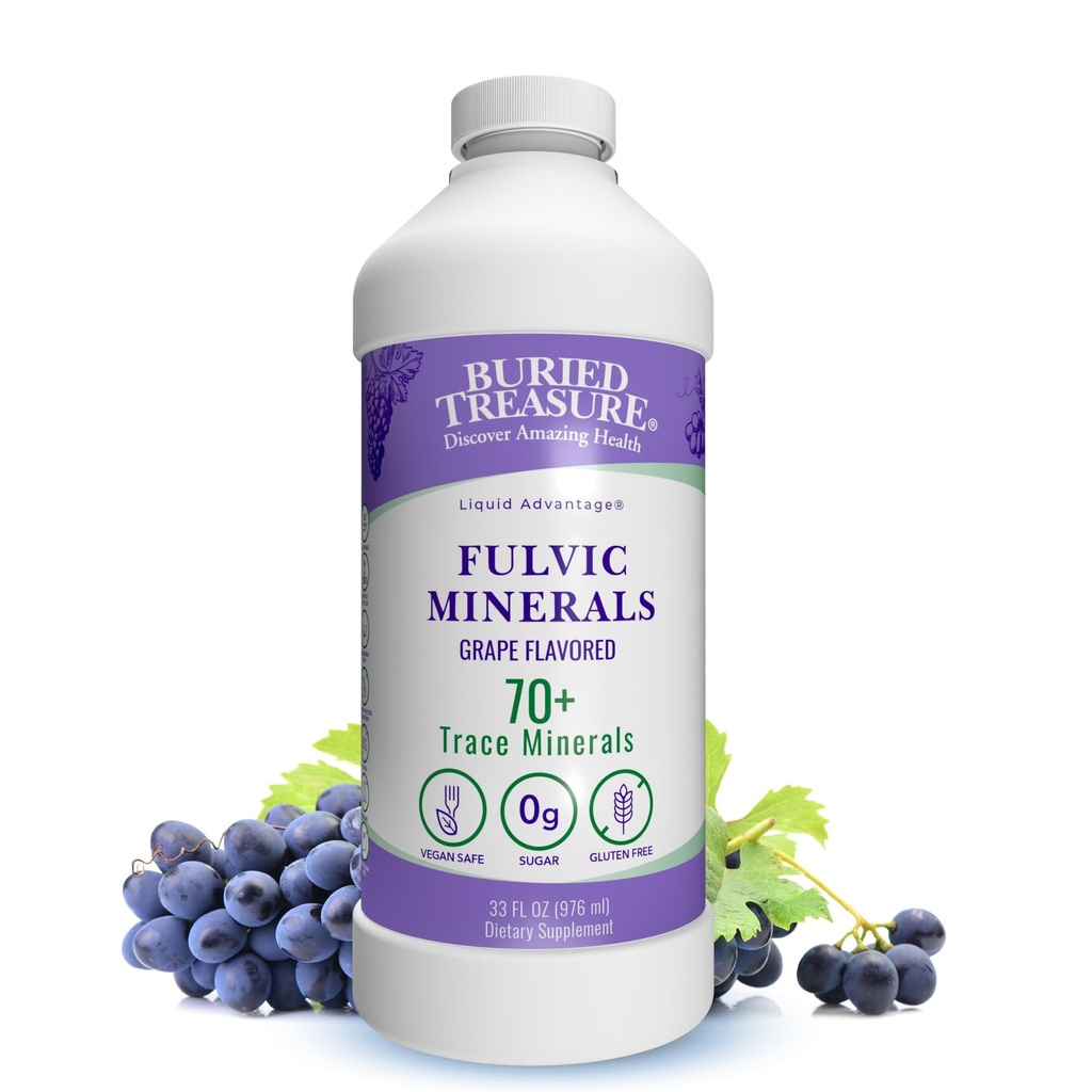 Trésor enseveli Minéraux Fulvic Aromatisés au raisin – Minéraux colloïdaux de l'acide Fulvic humique, Electrolytes de Trace Minerals pour la récupération et le bien-être. Ajouter à l'eau – 32 portions