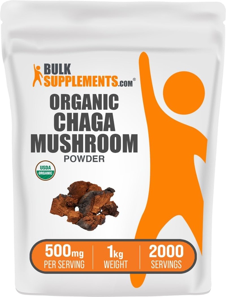BulkSupplements.com Poudre de champignons de Chaga bio - Supplément de champignons de Chaga, supplément super-alimentaire - Vegan & Gluten Free, 500mg par portion, 1kg (2,2 lbs) (paquet de 1)