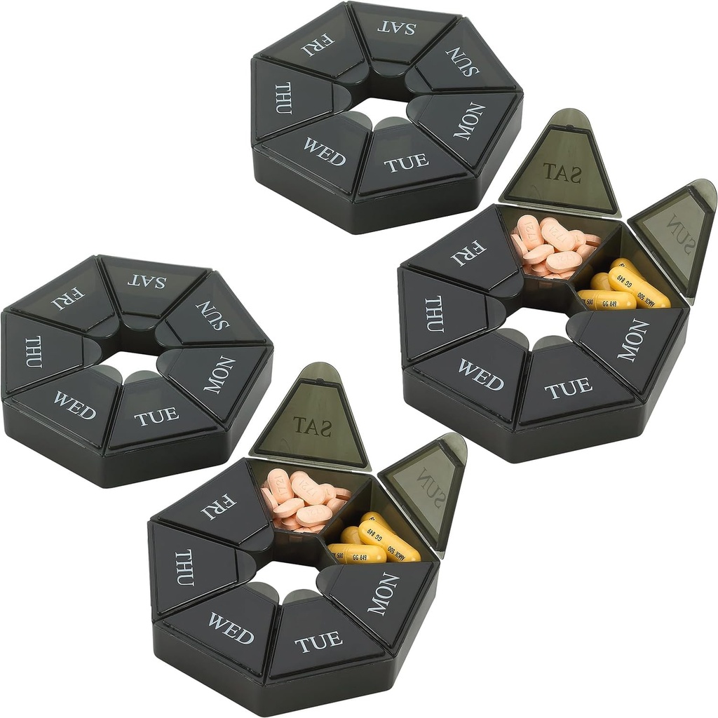 Wekelijkse pil Organisator - (Pack of 4) 7-dagen pil Container - Artritis Vriendelijk draagbare en compacte reis geval Dagelijks Compartiment Medicine Pillen Doos voor Supplementen, Medicijnen, Vitaminen en Visolie