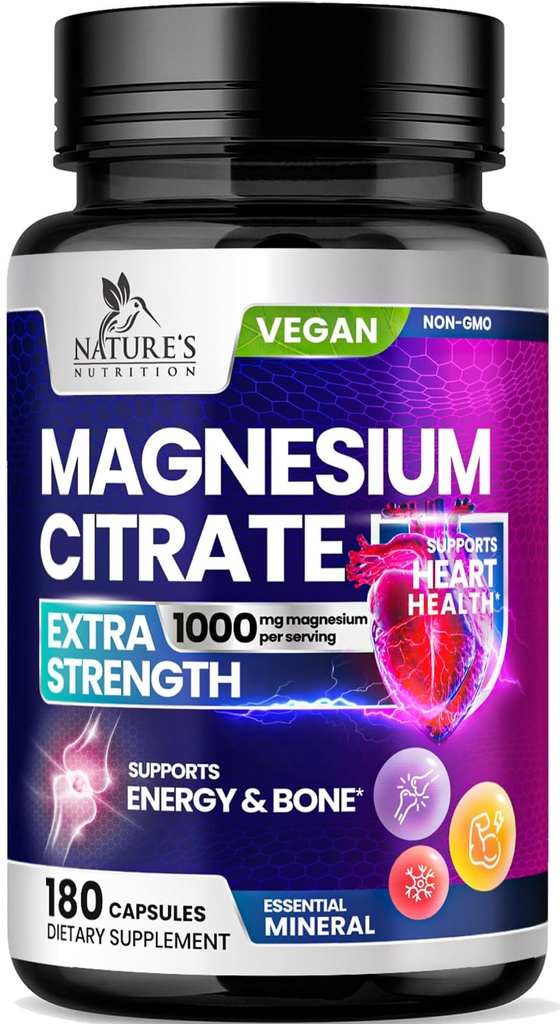 Supplément de Citrate de Magnésium Pills 1000mg - Suppléments de Magnésium 3X pour os, muscles, coeur, soutien du sommeil de la nature pour les hommes et les femmes, Vegan Mag Mineral, non-OGM, mis en bouteille aux États-Unis, 180 Capsules
