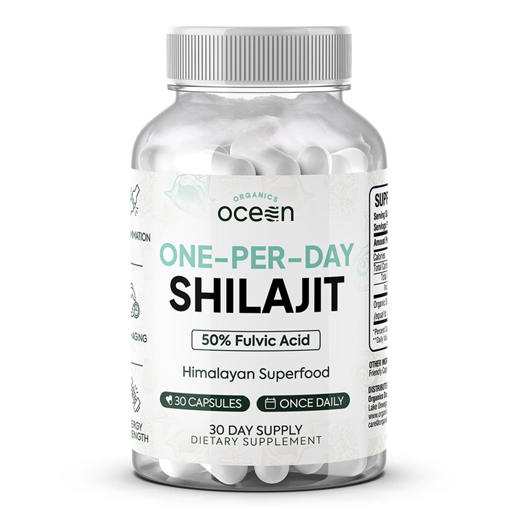 Organics Ocean One-Per-Day Shilajit voor mannen en vrouwen - Natural Shilajit Supplement voor Age-Defying, Bone Strength, Hormone Ondersteuning en Meer - 30 Shilajit Capsules