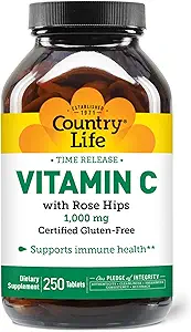 Country Life Sortie de vitamine C avec des hanches roses, soutient la santé immunitaire, 1000mg, 250 comprimés, certifié sans gluten, certifié végétalien