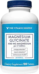 La vitamine Shoppe Magnésium Glycinate 400MG - Formule à haute absorption pour soutenir la production d'énergie, promouvoir la relaxation musculaire et améliorer la santé cardiaque pour le mieux-être général (180 comprimés)