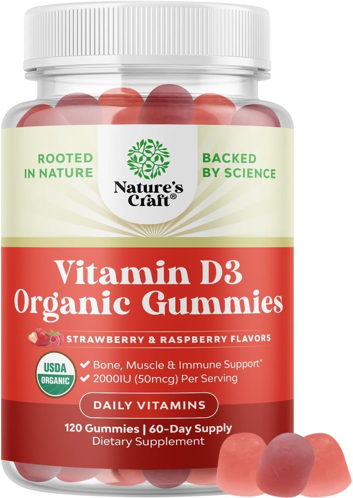 Natures Craft Biologische Vitamine D Gummies voor Volwassenen - Dagelijks Immune Support Gummies met Vegan Vitamine D3 2000IU - USDA Biologische D3 voor Volwassenen Wellness Non GMO Gluten Gratis 2 Maand Levering