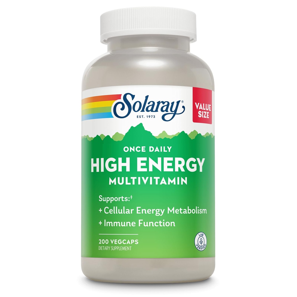 SOLARAY Once Daily High Energy Multivitamine for Women and Men - Energy Supplements - Immune Support w/Vitamine C, A, D en E, Vitamine B Complex, Trace Minerals, 60-dagen garantie, 200 Serv, 200 VegCaps