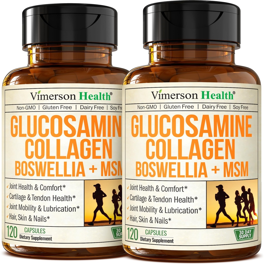 Glucosamine Chondritine MSM avec peptides de collagène hydrolysés - Supplément de soutien conjoint avec Quercetin, Bromelain & Boswellia Extract - Collagène pilules pour ongles de peau de cheveux - FSA Admissible 2 Pack