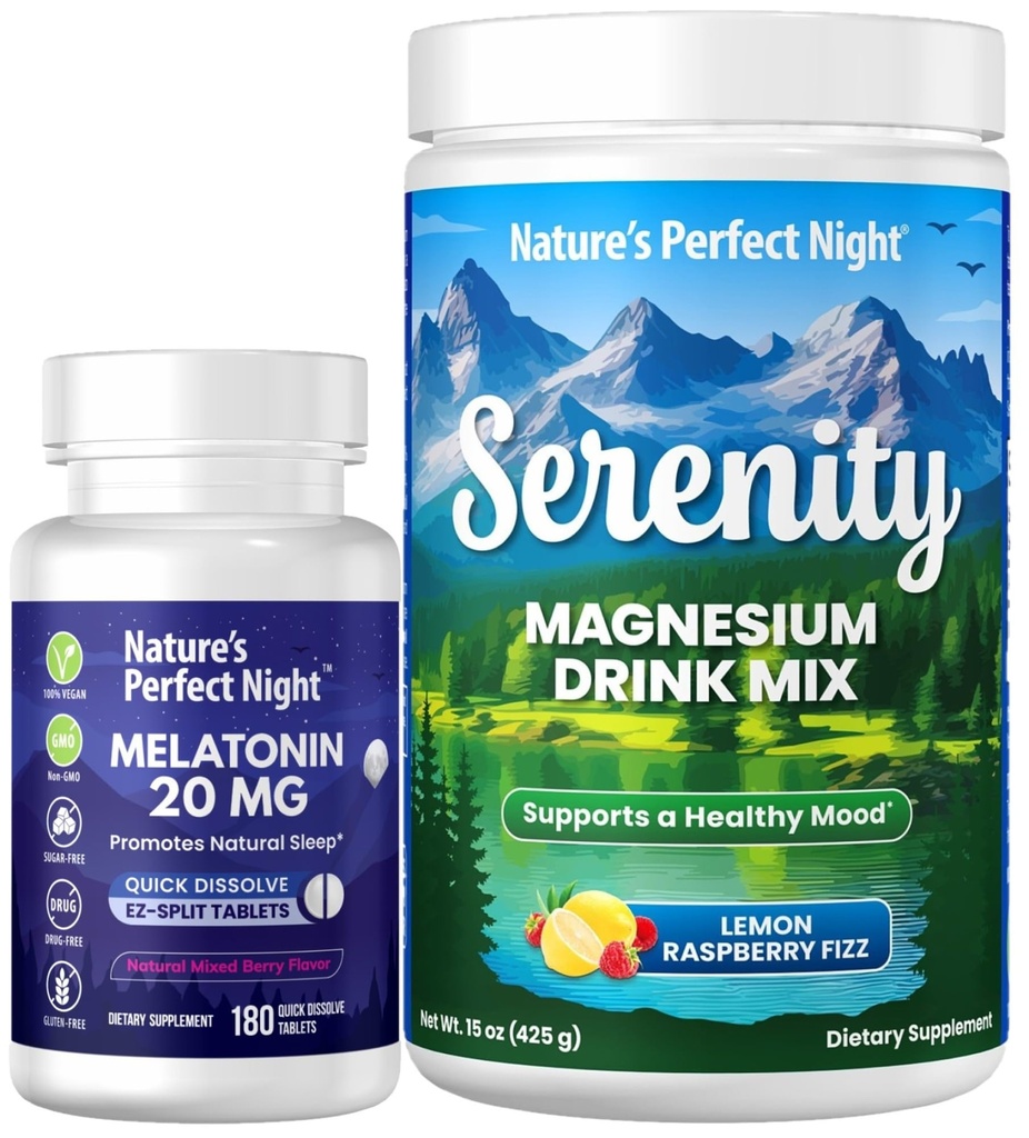 Nature's Perfect Night Melatonine 20mg Quick Solution Mixed Berry 180 Tel met Serenity Magnesium Powder 15 oz Citroen Raspberry