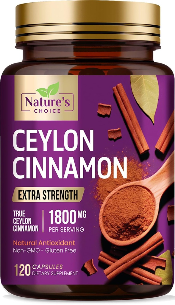Ceylan Capsules de cannelle 1800mg - Certified Organic Cannamon, mis en bouteille aux États-Unis, & Pure Extra Strength Ceylan Supplément de cannelle, pilules antioxydantes, sans OGM et sans gluten, sans sucre - 120 capsules