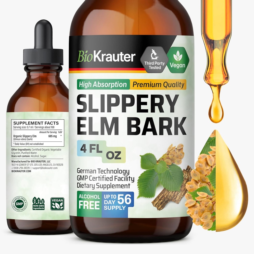 BIO KRAUTER Slippery Elm Bark Tinctuur - Pure Slippery Elm voor vrouwen en mannen - 4 Fl.Oz. 56 dagen van levering - Throat & Voice Support - Vegan Liquid Drops for Longs - Respiratory & Digestief Gezondheid