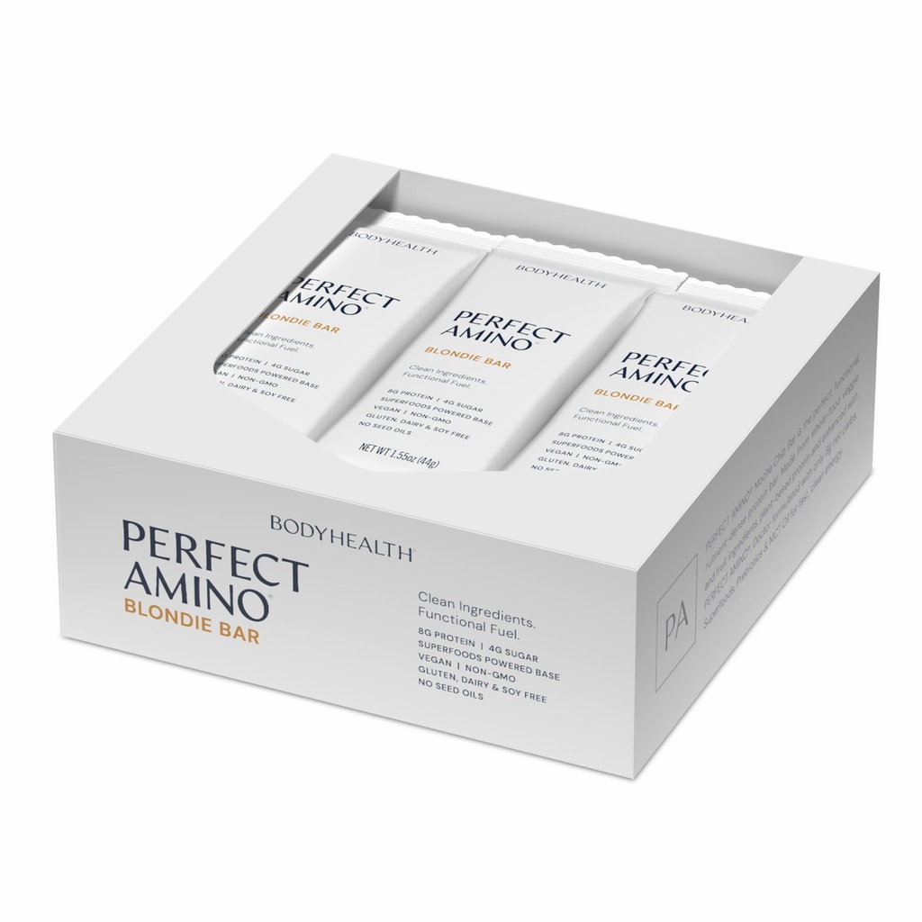 BodyHealth PerfectAmino Bar Proteine Energy Snack met 10g proteïne, Plant Based MCT's, Superfood Blend, Kosher, (Blondie, 12 Pack)