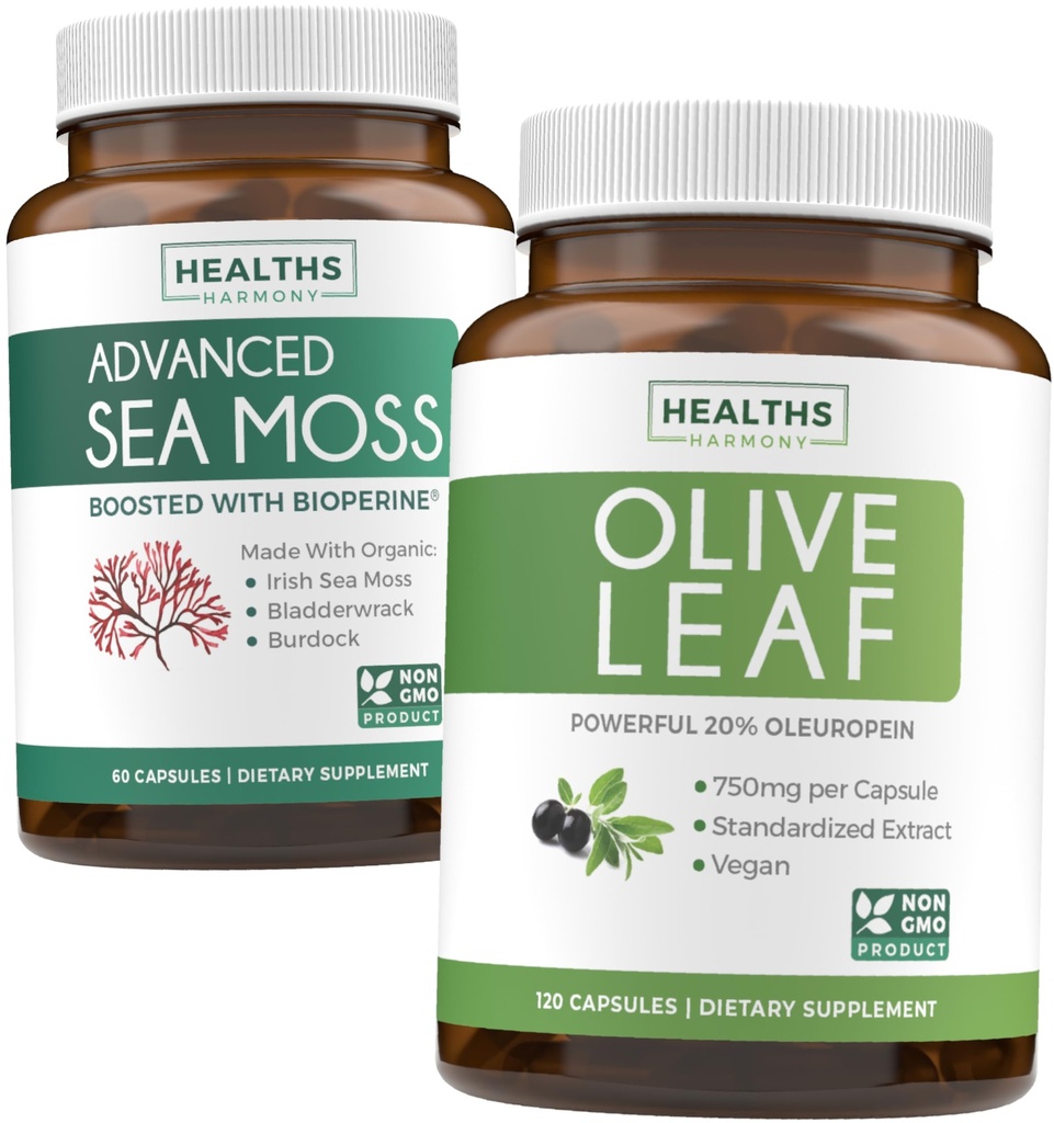 Sea Moss & Olive Leaf Extract (1-maandvoorraad) Olijfolie Moss Blend - Biologische Ierse Zee Mos - Raw Vegan Supplement (60 Caps) & Olive Leaf Extract Super Sterkte: 20% Oleuropein - Vegetarisch (120 Caps)