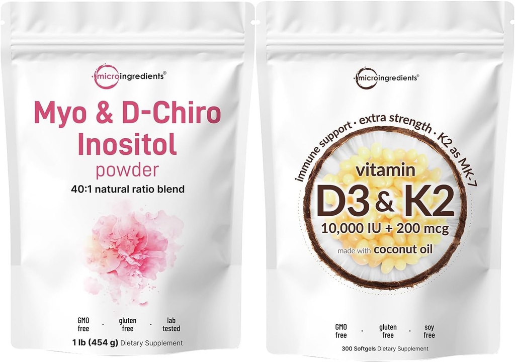Micro Ingrediënten Vitamine D3 10.000iu + K2 200mcg Kokosolie Softgels & Myo & D-Chiro Inositol Powder Bundle 2 Pack 