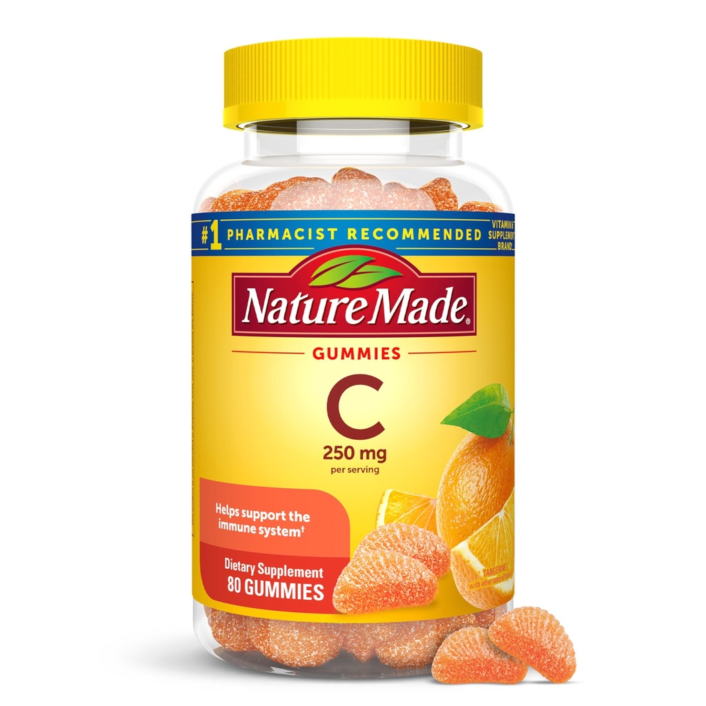 Nature Made Vitamine C 250 mg Per Serving, Dieetsupplement voor Immune Support, Vitamine C Gummies voor Volwassenen, 80 Gummies, 40 Day Supply
