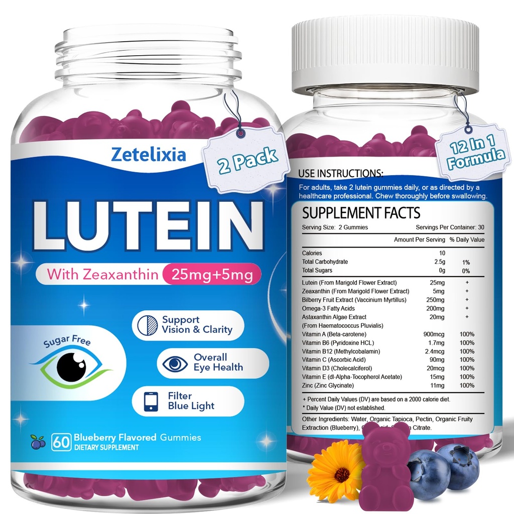 2 Pack Luteïne Gummies, 12 in 1 Luteïne en Zeaxanthine Supplementen Oogvitaminen Gummies voor volwassenen, Eye Health Supplement met Meerdere Vitaminen voor het bevorderen van oog en visie - 120 Gummies