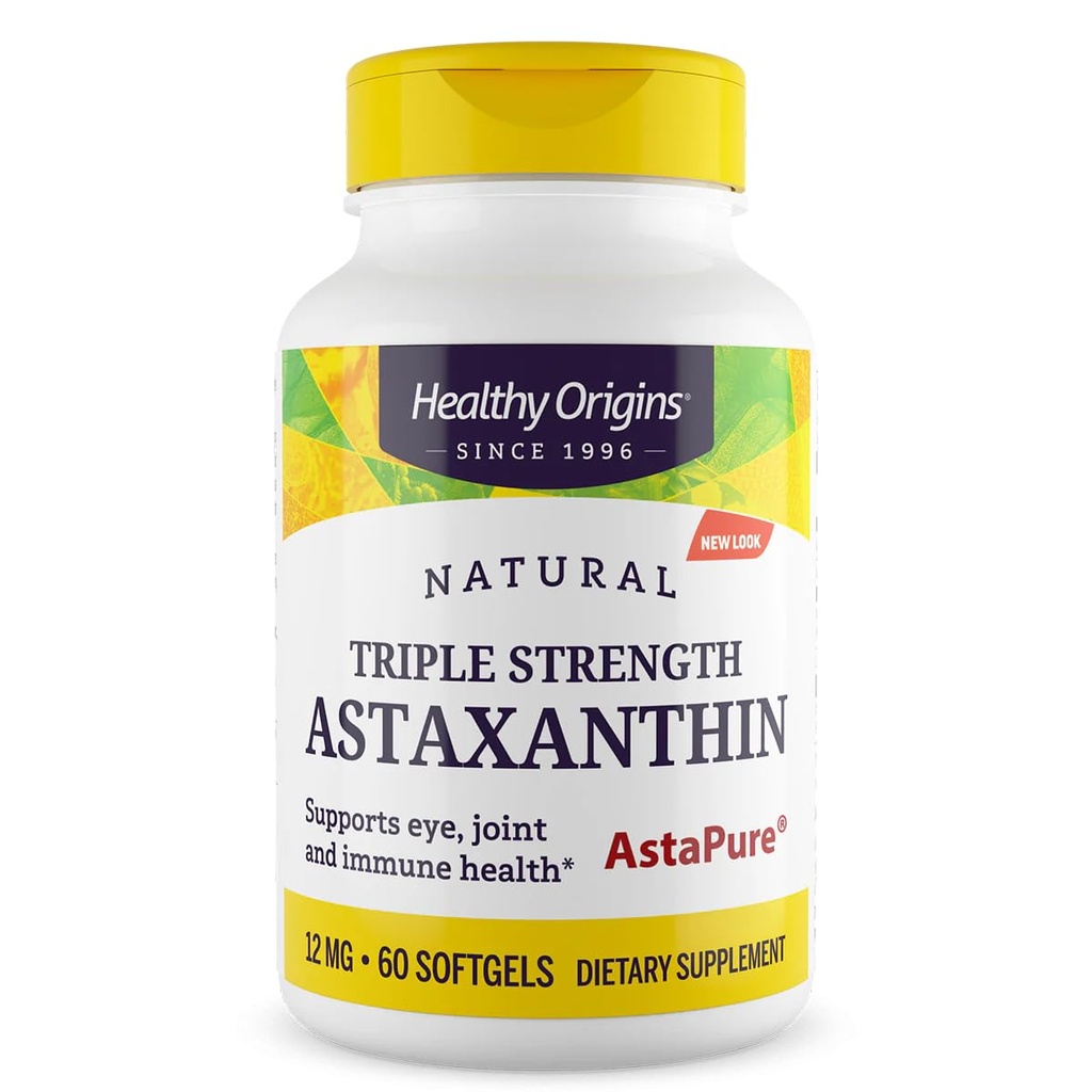 Gezonde oorsprongen Astaxanthine 12 mg (Natural, Astapure, Triple Strength, Non-GMO, Glutenvrij, Oogondersteuning, Gezamenlijke Ondersteuning, Immuun Ondersteuning), 60 Softgels