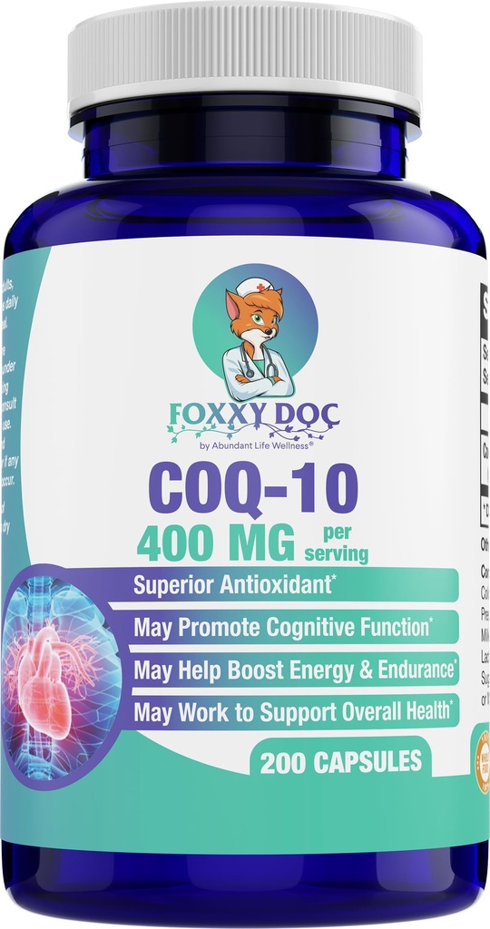 CoQ10 400 MG Per 2 Caps - Ubichinon - Uitstekende Waarde - Hart, Hersenen en Cellular Supplement - Energie Ondersteuning - 200 Caps in Fles - door Foxxy Doc