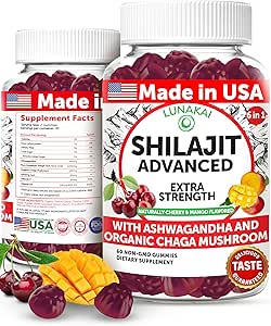 Lunakai USA Pure Shilajit Gummies 1200mg avec Ashwagandha & Chaga - Himalayan Shilajit pour les hommes et les femmes, support énergie et vitalité, 60ct