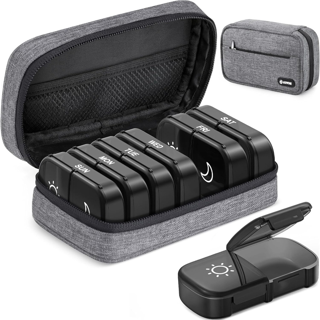 AOVON Canvas Bag XL Wekelijkse pil Organisator 2 keer per dag, Reis pil Box 7 dag met one-side grote opening, AM PM Pill Case met draagbare waszak voor supplementen, vitaminen, visolie