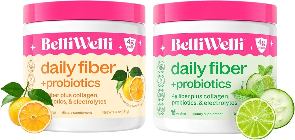 Dagelijkse vezelsupplement bundel met toegevoegde collagen, probiotica en elektrolyten - Komkommer Lime Mint & Orange Yuzu Mandarijn Smaken - Ondersteunt spijsverteringsgezondheid, ontbloting en hydratatie - 32 porties Totaal