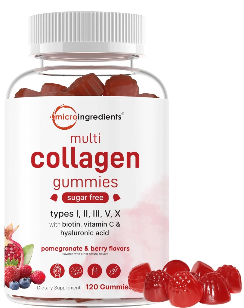 Micro Ingrediënten Multi Collageen Peptiden, 120 Collageen Gummies Type I,II,III,V,X Proteïne met Biotine, Hyaluronzuur, & Vitamine C Complex 