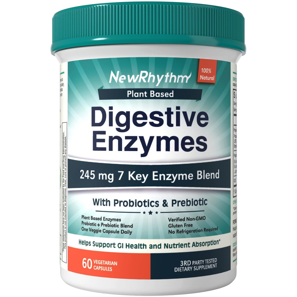 NewRhythm Enzymes digestifs 245 mg, avec probiotiques et prébiotiques, à base de plantes, 7 enzymes clés, digestion, absorption nutritive, protéase Amylase et lipase, 60 Capsules Vegan