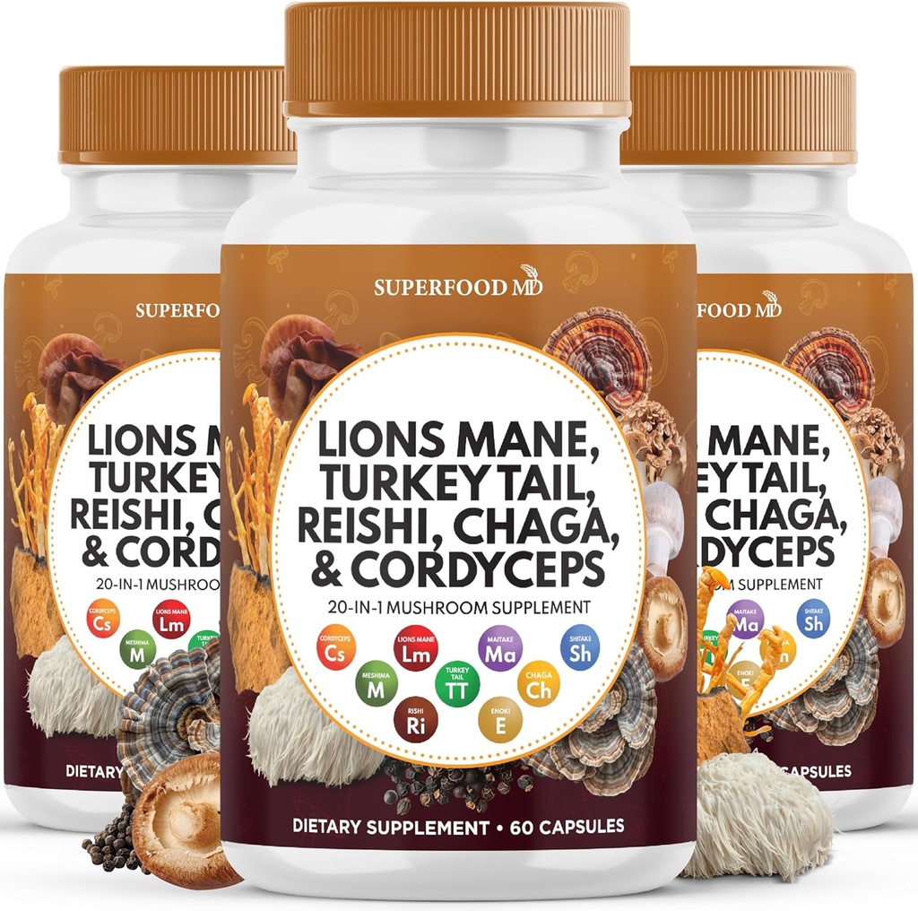 Lions Mane Champignon Supplément avec la dinde Tail Reishi Cordyceps Chaga avec la racine Marshmallow - 180 Comte
