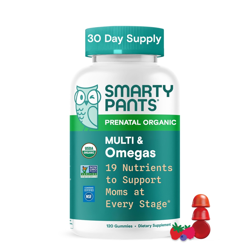 SmartyBants Biologische Prenatale Vitaminen voor Vrouwen, Multivitamine Gummies: Biotine, Methylfolaat, Omega 3 (ALA), Vitamine D3, C, Vitamine B12, B6, A, K2 & Zink, Choline, Vegetarisch, 120 Tellen (30 dagen Levering)