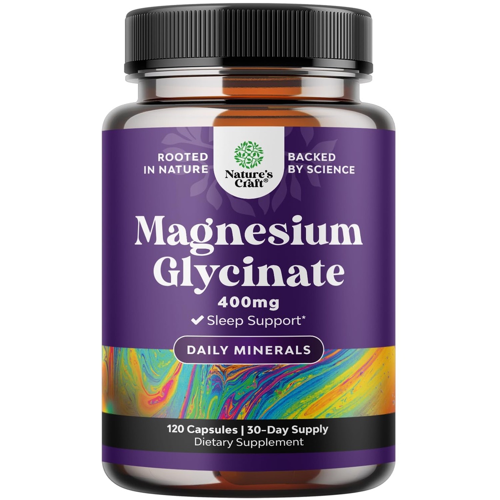Supplément Glycinate de Magnésium pur 400mg par portion - Capsules de magnésium chélaté à haute absorption végane pour les femmes et les hommes avec 400mg élémentaire pour le sommeil d'humeur et le soutien à la relaxation - 120 Compte