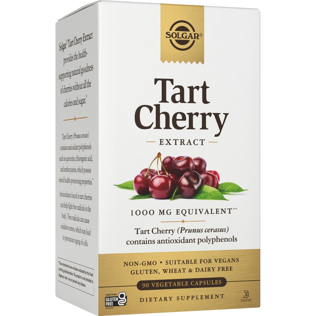 Solgar Tart Cherry 1000 mg, 90 plantaardige capsules - Antioxidant met quercetine, Chlorogeen Acid & Anthocyaninen Verbindingen - Non-GMO, Veganistisch, Glutenvrij, Zuivelvrij - 90 porties