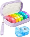Organisateur de pilules mignon 2 fois par jour, étui de pilules en cuir PU pour femmes, boîte de pilules hebdomadaire portable pour la purée avec sac de stockage pour tenir les vitamines, médicaments, huiles de poisson, suppléments (purple)