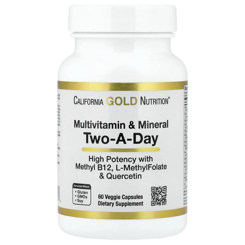 California Gold Nutrition Multivitamine en Mineral met Methyl B12, Vitamine C, L-methylfolaat en Bio-Quercetin, Two-A-Day, 60 Veggie Capsules