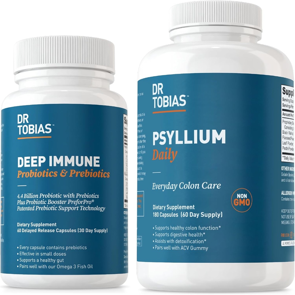 Dokter Tobias Deep Immune Probiotica & Prebiotica en Psyllium Dagelijks, Ondersteunt Digestieve Gezondheid, Gut Immune Functie, Dagelijkse Fiber Supplement ter ondersteuning van Colon Gezondheid met 4.4. Biljoen CFU