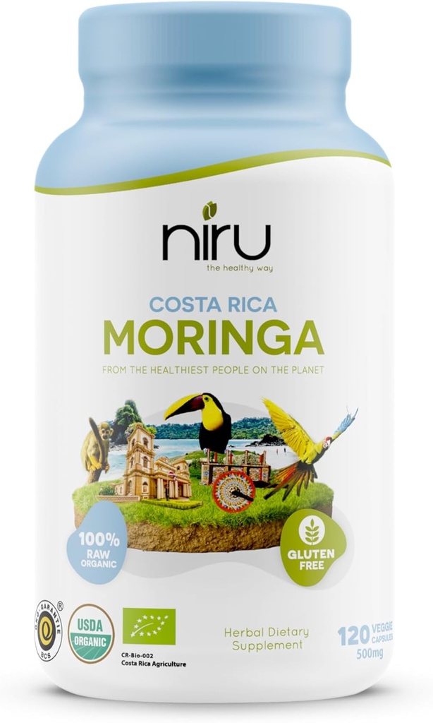 Niru Life Blue Zone Moringa Capsules uit Costa Rica, 100% Organische Energie, Metabolisme & Immune Support, 120 Capsules, 500mg