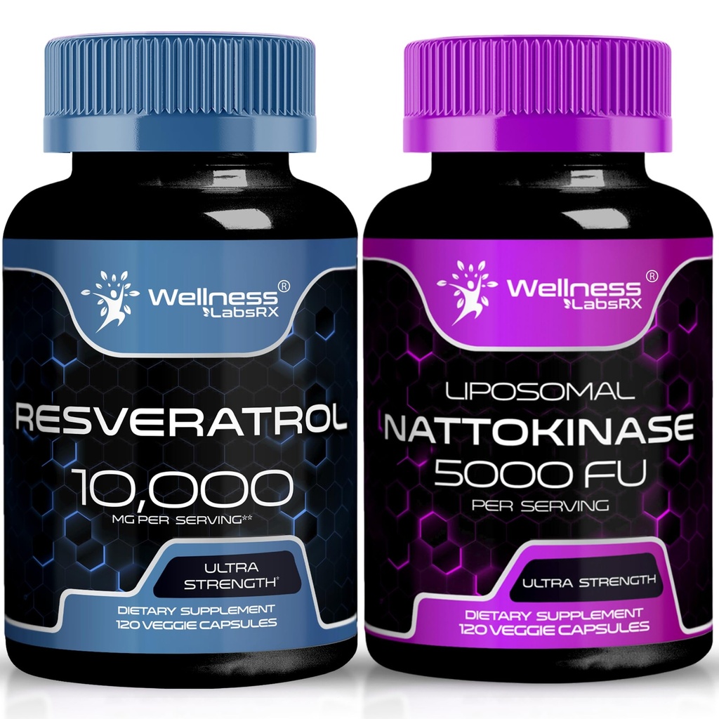 WELNESS LABSRX Resveratrol Capsules 10000mg - Nattokinase Supplement Capsules - 5000 FU