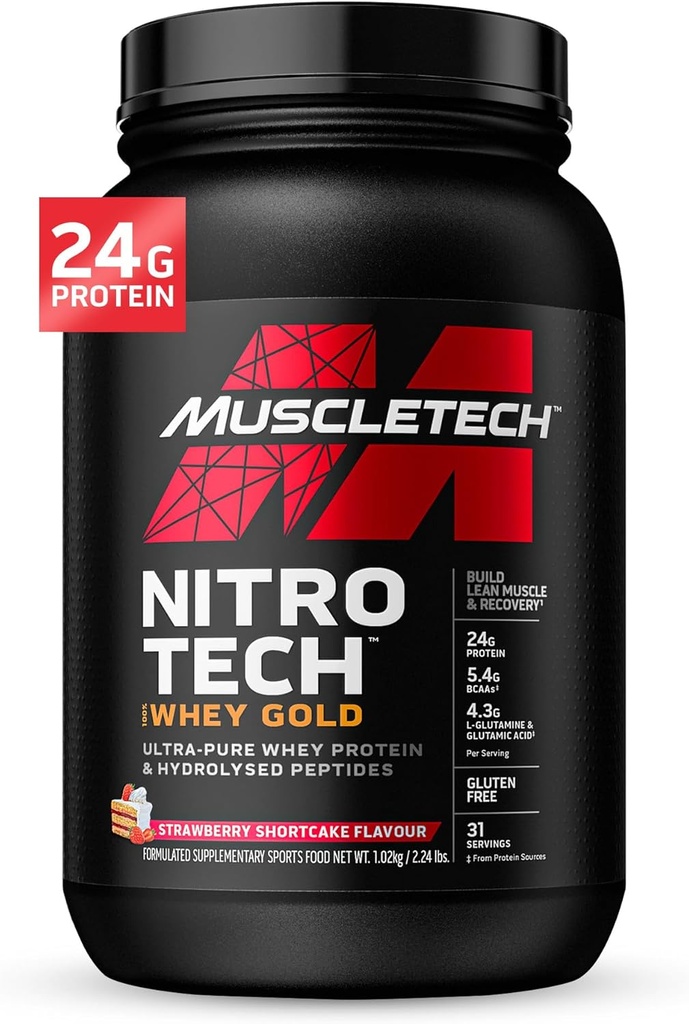 Wei Proteïnepoeder , MuscleTech Nitro-Tech Whey Gold Protein Powder , Wei Proteïne Isolaat Smoothie Mix , Proteïnepoeder voor vrouwen & mannen , Strawberry Protein Powder , 2 lbs (28 Serv) -pakket varieert
