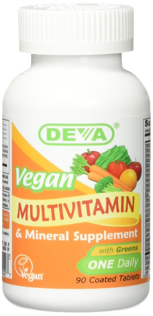 Deva Vegan Multivitamin and Mineral Supplement - Formule une fois par jour avec des verts - Vitamines A, C, D, E, B Complexe, Formulation haute puissance pour la santé quotidienne et le mieux-être- 90 comprimés enduits, 1-paquet