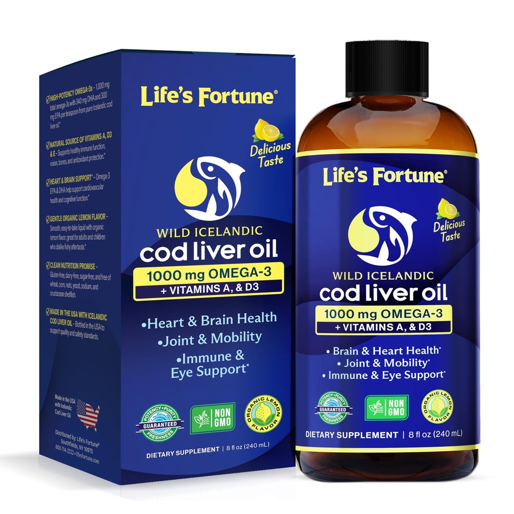 Life's Fortune Cod Liver Oil Liquid Organic Citroen Flavor (8 Oz) 1.000 mg Omega + Vitamine A, E & D3 - Ondersteunt Immune Health - 100% Visolie Supplement van Wild Ocean Cod-GMO Gratis