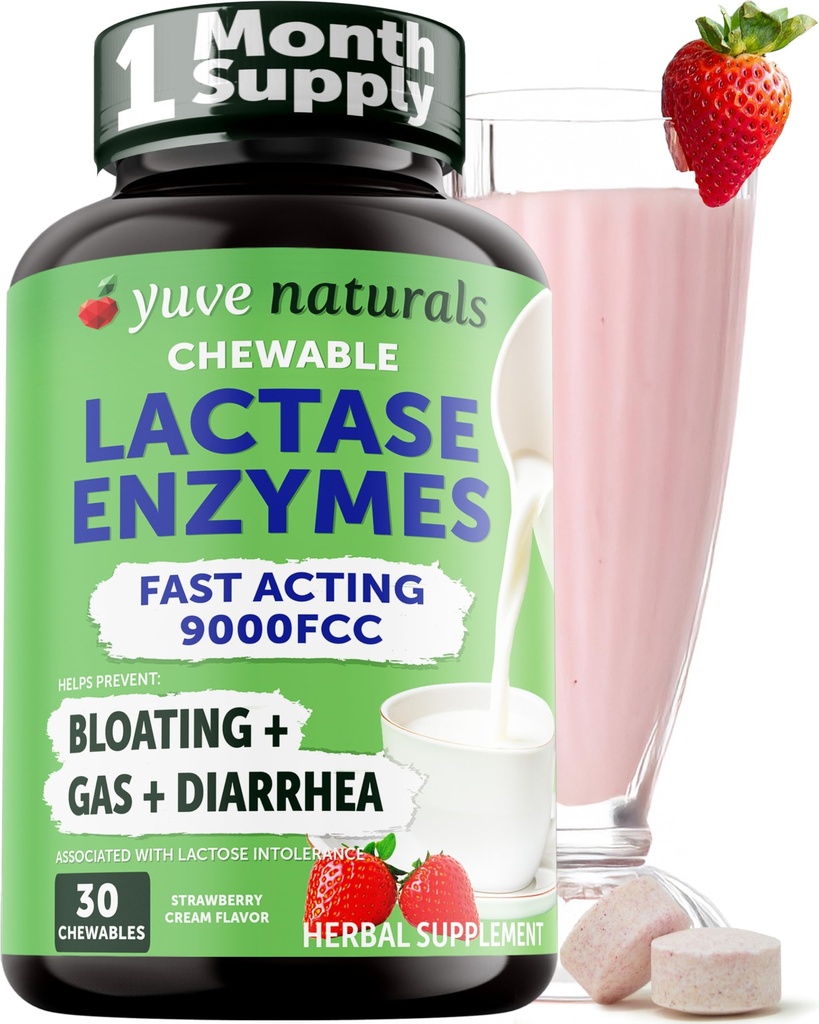 Soulagement naturel des produits laitiers à action rapide Delicious Chewables - Enzyme de lactase 9000 FCC - Dites au revoir au désagrément des produits laitiers par l'intolérance au lactose - Saveur de crème de fraise - 30ct