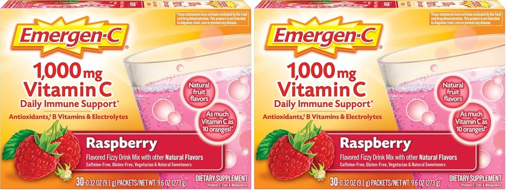 Emergen-C (30 Count, Raspberry Flavor, 1 maand Supply Dieetsupplement Fizzy Drink Mix met 1000mg vitamine C, 0,32 Ounce Packets, Cafeïnevrij (pakket van 2)